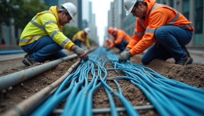Obraz premium Construction workers install blue fiber optic cables underground in city street. Men in hard hats, high visibility vests lay out digital network lines, extending internet service for urban