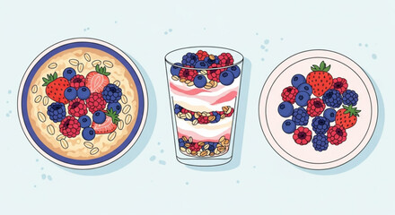 Mixed berries on plates and in glass dessert fresh fruit arrangement healthy snack