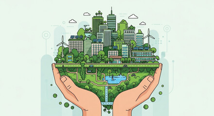 Hands holding a sustainable eco friendly cityscape with green buildings and renewable energy sources