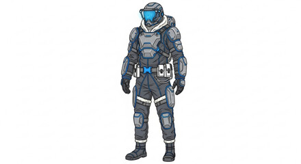 Astronaut in futuristic gray spacesuit with blue accents standing alone in white background for sci fi concepts