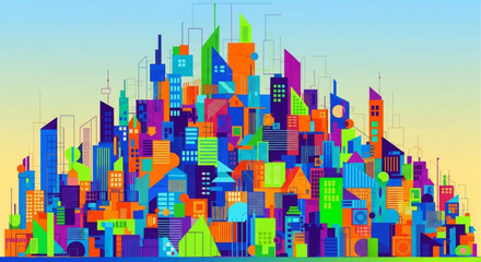 Vibrant cityscape with colorful buildings and skyscrapers against a gradient sky at sunset or sunrise