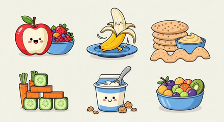 Colorful cartoon healthy food icons with fruits vegetables and snacks on plates and bowls