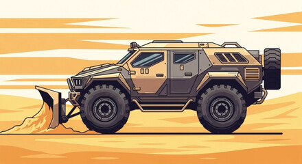 Armored vehicle with snowplow clears desert sand in futuristic landscape with large tires and rugged design