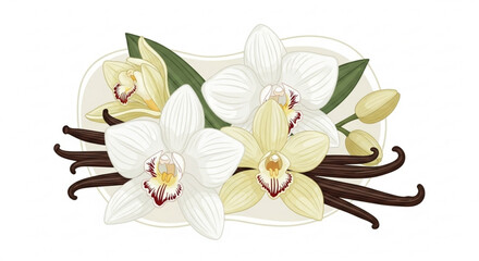 White orchid flowers with vanilla beans on white background floral arrangement with green leaves and buds