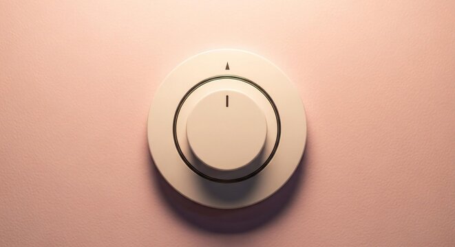 Close-up of a minimalist white rotary control knob with an indicator on a soft pink surface, symbolizing adjustment and settings