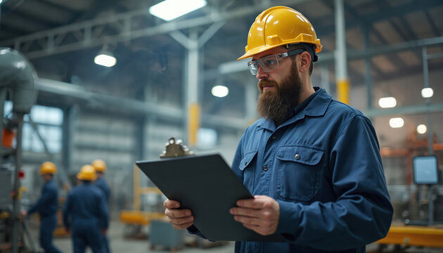 Bearded technician in safety glasses holding clipboard reviews work in factory. Other workers operate machinery in industrial plant. Manufacturing process underway indoors.