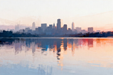 Obraz premium City skyline reflected in water