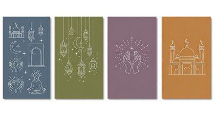 Naklejka premium Ramadan and Eid Mubarak Modern collection of spiritual line art illustrations depicting sacred symbols, religious architecture, and meditative gestures, perfect for mindfulness and cultural themes