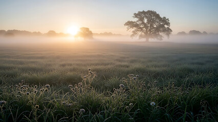 Obraz premium Misty Dawn over a Grassy Field with Silhouetted Trees and Golden Light