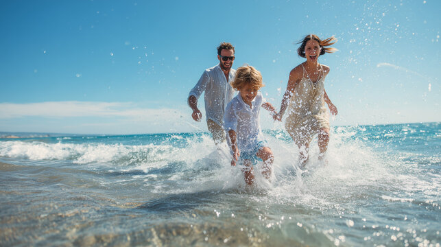 A joyful family with a young son running and splashing in the shallow ocean water at a sunny beach, captured in a dynamic and happy summer vacation moment.