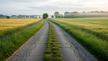 Cracked Country Road Bordered by Fields and Misty Trees in Morning Light
