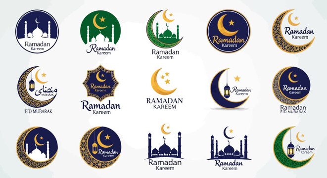 A collection of fifteen diverse Ramadan and Eid Mubarak logo designs featuring crescent moons, mosques, and Islamic calligraphy in various colors.