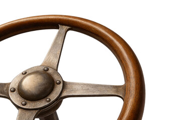 Obraz premium Close-up of a vintage wooden and metal ship steering wheel, showcasing detailed craftsmanship and aged patina, ideal for nautical or retro decor themes.