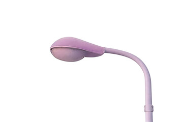 A pink street lamp isolated on a white background, showcasing its curved design and light fixture. Ideal for urban infrastructure, architectural, or lighting concept visuals.