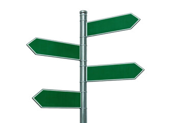 Four green directional signs mounted on a silver metal pole, isolated on white. Used for wayfinding and navigation in urban environments.