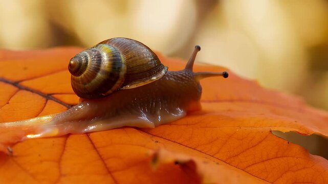 Macro shot of a snail crawling over a bright orange autumn leaf, the slime trail shimmering under soft sunlight, peaceful and slow-paced.