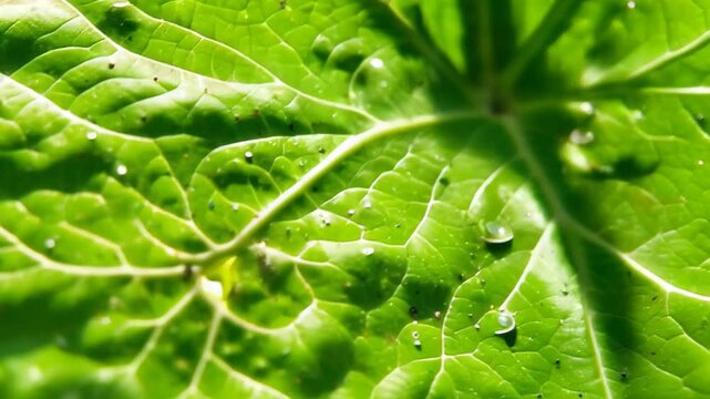 Macro shot of light passing through a translucent green leaf (chlorophyll), showing intricate vein patterns like a map, bright airy lighting.