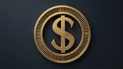 Golden Dollar Coin Icon on Dark Background 3D Render