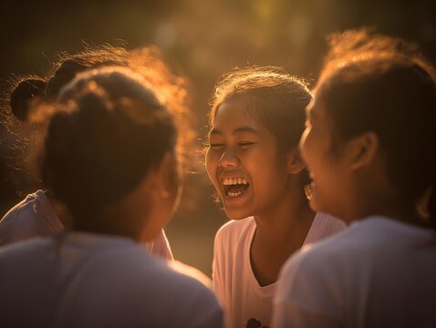 Joyful young friends sharing laughter in golden sunset light, perfect for lifestyle, friendship and happiness themes