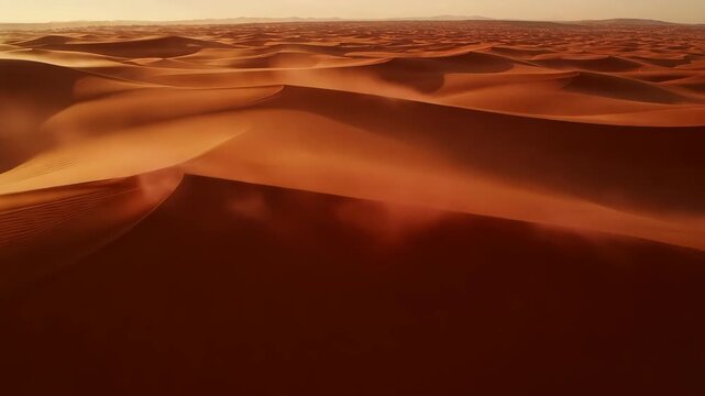 Aerial drone shot of endless red sand dunes at golden hour, long dramatic shadows, the wind blowing fine sand off the crests like smoke, cinematic.
