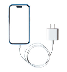 Modern smartphone mockup connected to charger with cable isolated on white background. Clipping path include