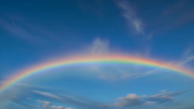 A wide shot of a "Fire Rainbow" (circumhorizontal arc) in a bright blue sky filled with cirrus clouds, vibrant spectral colors, mesmerizing.