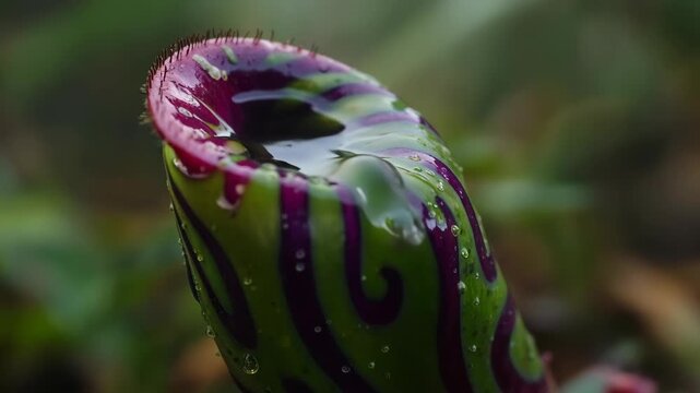 Macro shot of a pitcher plant in a misty jungle, raindrops sliding down its slippery surface, vibrant green and purple patterns, hyper-realistic.