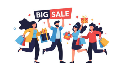 Obraz premium People Running with Shopping Bags and Sale Signs.