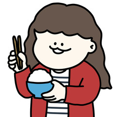 Fototapeta premium 美味しいご飯を食べるウェーブヘアの女性のイラスト 赤いカーディガン 背景透過