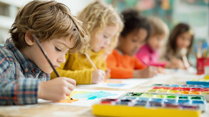 Fototapeta premium Focused elementary school students painting with colorful watercolors during an art class, capturing a moment of creativity and artistic expression in a bright classroom.