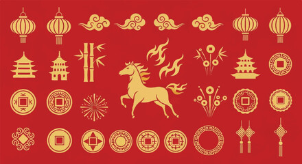 Asian Cultural Symbols and Horse Illustration on Red Background from a Front Viewpoint