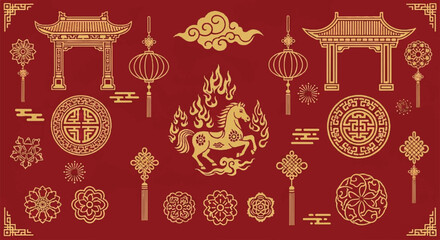 Traditional Chinese cultural symbols and ornaments displayed in an intricate illustration on a red background viewed from directly above