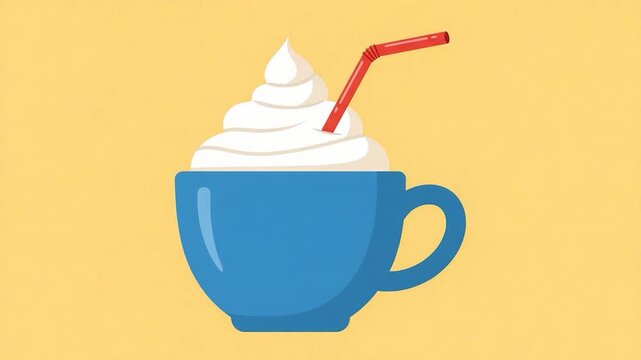 Blue Coffee Cup with Whipped Cream and Straw.