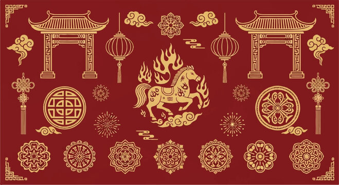 Golden Chinese lanterns and symbols surround a fiery horse illustration in a traditional cultural setting