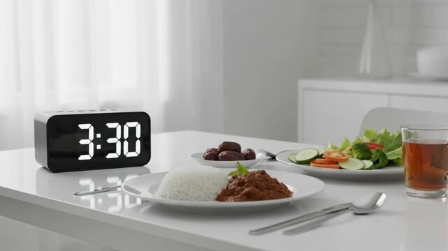 Suhoor Ramadan Meal with Rice, Rendang, Vegetables and Digital Clock Showing 3:30 AM