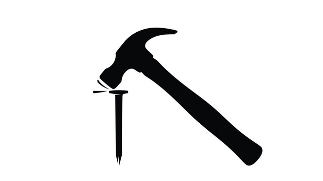 A black silhouette of a hammer striking a nail into wood