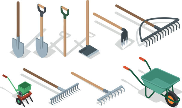 Isometric Garden Tools Set Shovels, Rakes, Wheelbarrow and More
