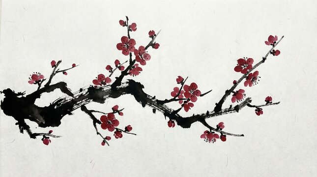 Red plum blossom branch ume flower sumi-e art