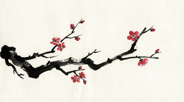 Red plum blossom branch ume flower sumi-e art