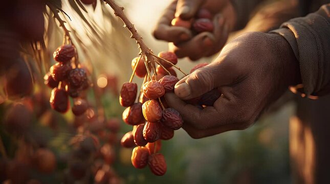 Hands holding a cluster of ripe dates in a lush date palm orchard during harvest
