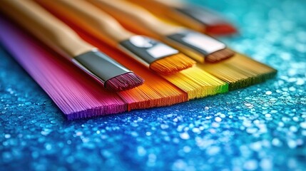 Vibrant spectrum of paintbrushes against sparkling textured backdrop artistry