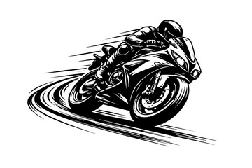 Road race motorbike exiting a corner, rider tucked and accelerating