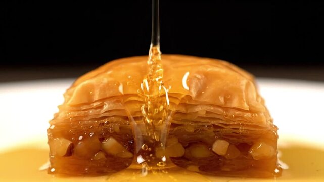 Close-up shot of golden honey being drizzled over a delicious piece of traditional baklava pastry filled with nuts, creating a sweet and sticky dessert.