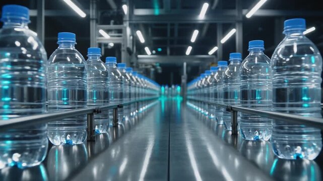 Rows of clear plastic water bottles moving along a modern automated conveyor belt in a beverage factory.