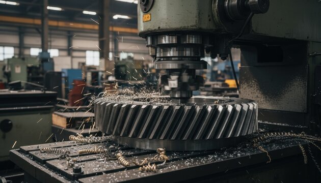 Industrial gear machining in a workshop with metal shavings flying during precision metal cutting