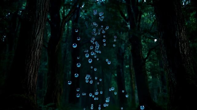 Abstract visualization of "Gravity" showing water droplets falling upwards in slow motion against a dark forest background, surreal and artistic.