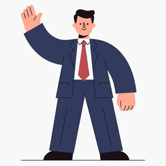 A friendly cartoon businessman in a blue suit and red tie waves hello with a welcoming gesture, standing confidently.