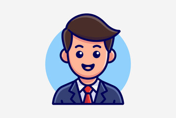 Cartoon illustration of a smiling businessman in a suit and red tie, depicted as a friendly avatar.