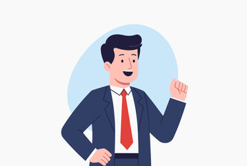 Obraz premium A confident and happy businessman in a suit with a red tie, making a fist gesture, symbolizing success and determination.