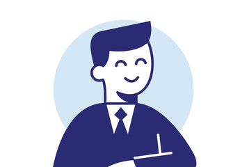 Obraz premium Smiling cartoon businessman in a suit with a tie, depicted in a blue circle background, representing professionalism and success.